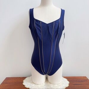 Anita Navy Gold One Piece Sleek Swimsuit 12F NEW